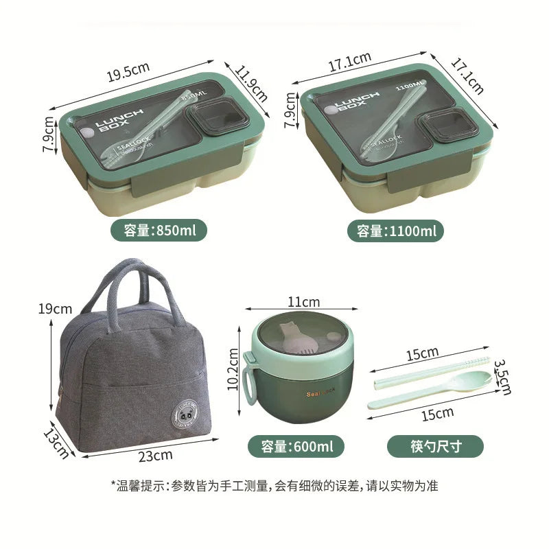 850ml/1100ml Lunch Box Microwave Portable Bento Boxes with Tableware for Kids School Leakproof 4 Grid Food Snack Containers