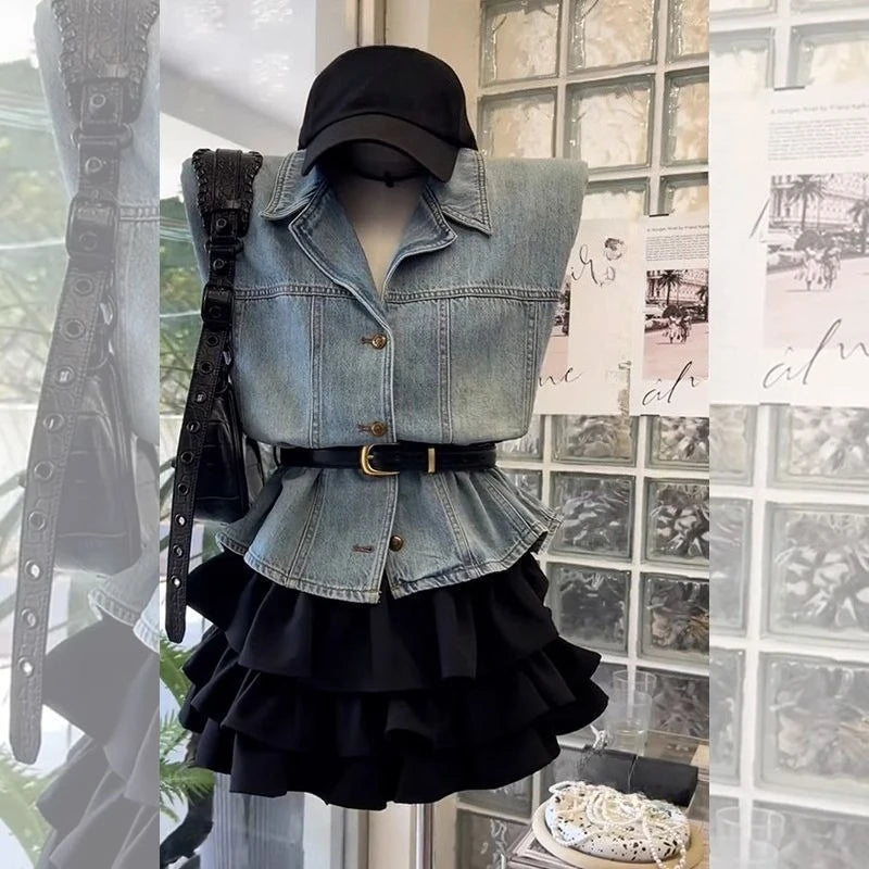 Retro Korean Style Women 2 Piece Denim Suits Y2K Denim Jacket + Mini Skirt Casual Street Outfits Fashion Jean Two‑Piece Sets