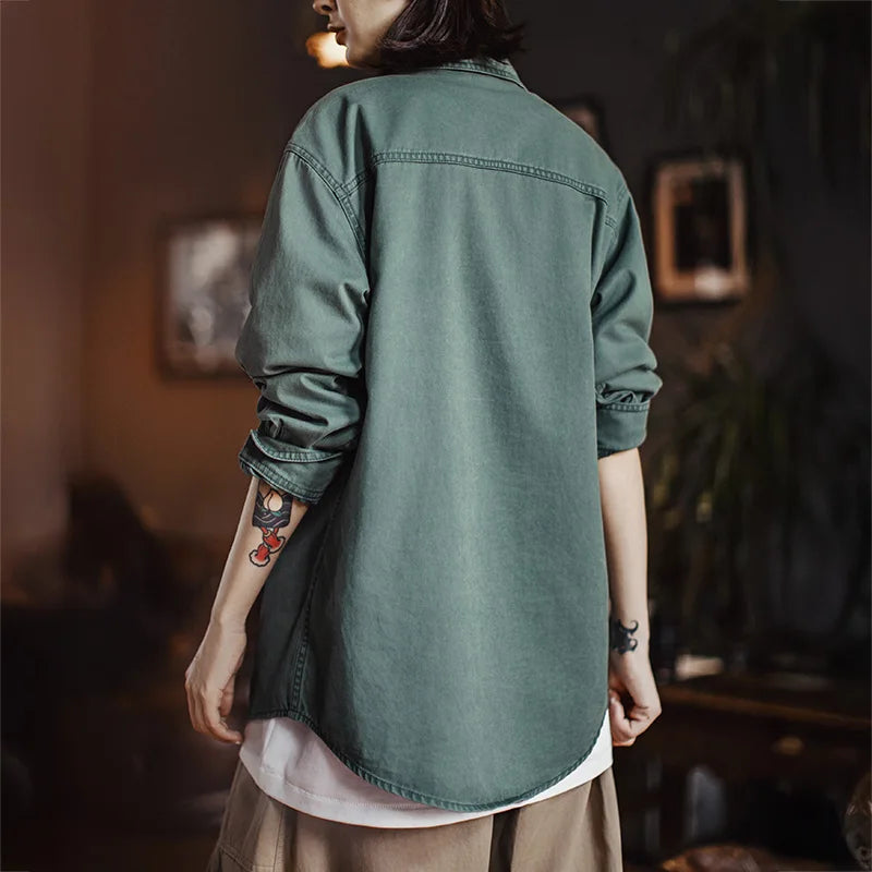 Maden Women's Vintage Washed  Embroidered Print Long Sleeve Shirt 100% Cotton Loose Fit Collar Blouse Single-breasted Fall Tops