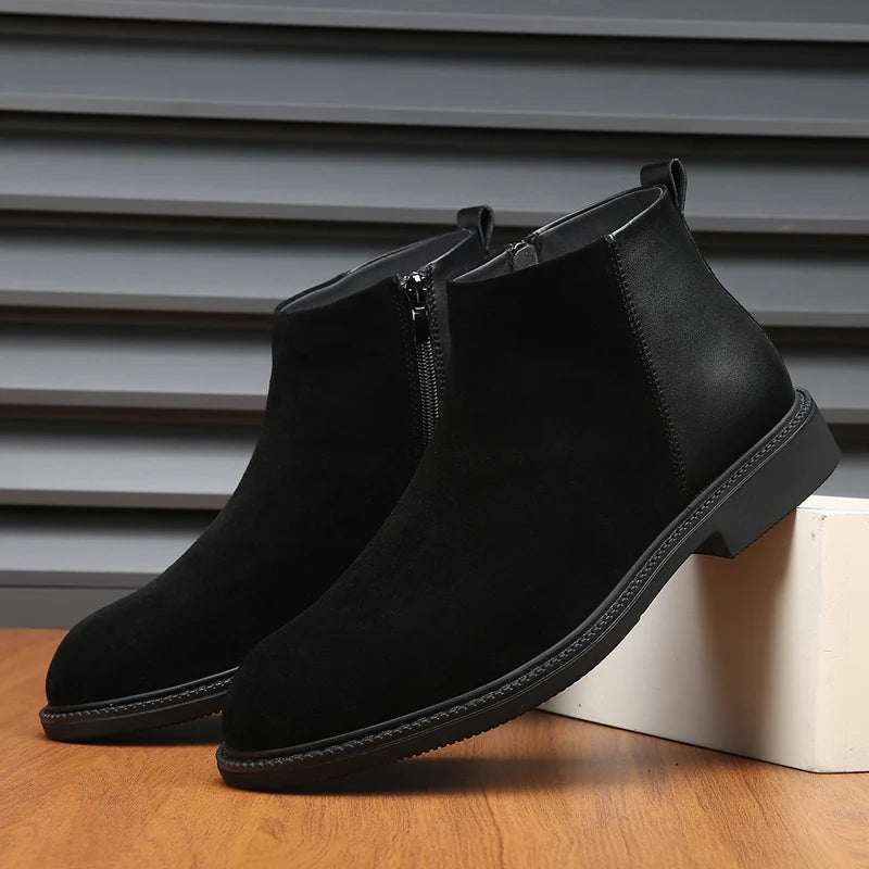Classic Black Leather Pointed Chelsea Mid Top Boots Leather Shoes Fashionable Suede Leather Men's Autumn Comfortable Short Boots
