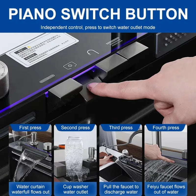 Light Emitting Diode Digital Nano Handmade Modern Single Slot Stainless Steel Waterfall Multifunctional Smart Kitchen Sink