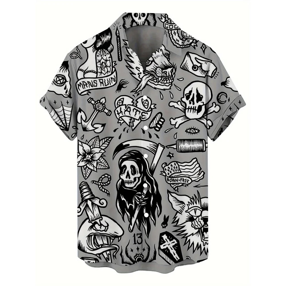 Skull 3D Printed Men's Hawaiian Shirt Street Gothic Style Trendy Vintage Lapel Tops Summer Y2K Casual Short Sleeve Beach Shirt
