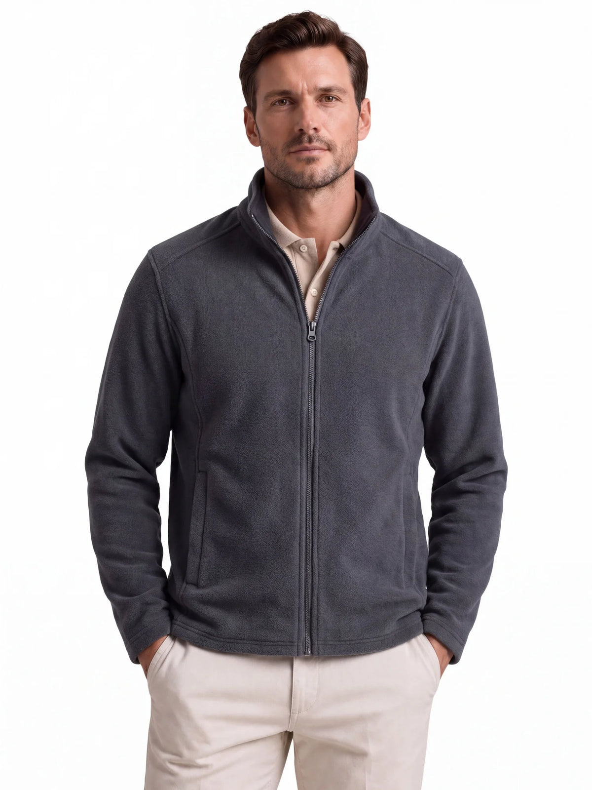 AIOPESON Men's Fleece Jacket Full Zip Stand Collar Solid Color Polar Fleece Outerwear Autumn Winter Outdoor Casual Light Coat