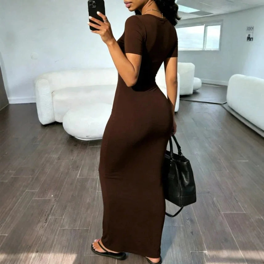 Sexy Skinny Women's Bodycon Party Dress Fashion O-neck Short Sleeve Solid Color Wraped Hip Package Long Dress Female Sexy Dress