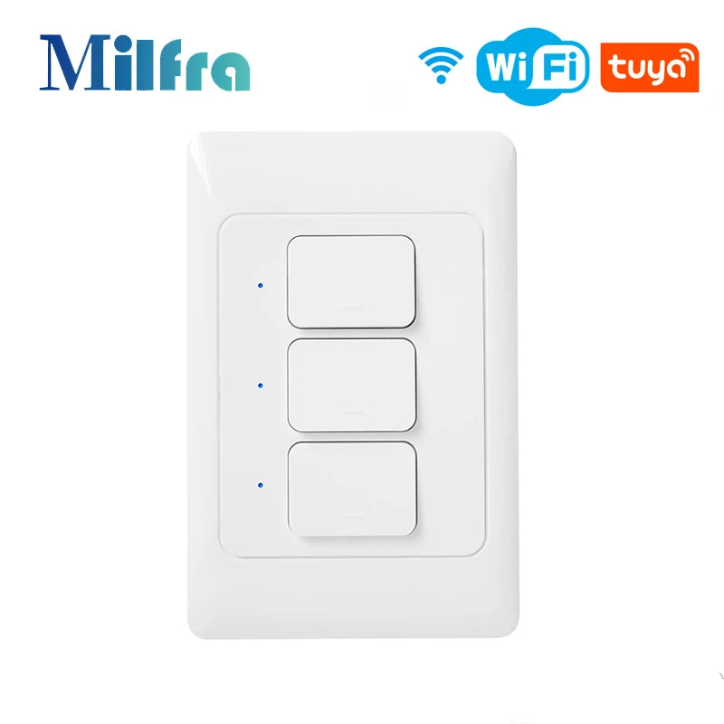 Tuya WiFi Light Switch Smart Wall Push Button Switches No Neutral Required 110-240V 1/2/3 Gang Physical Lamp Switch APP Voice