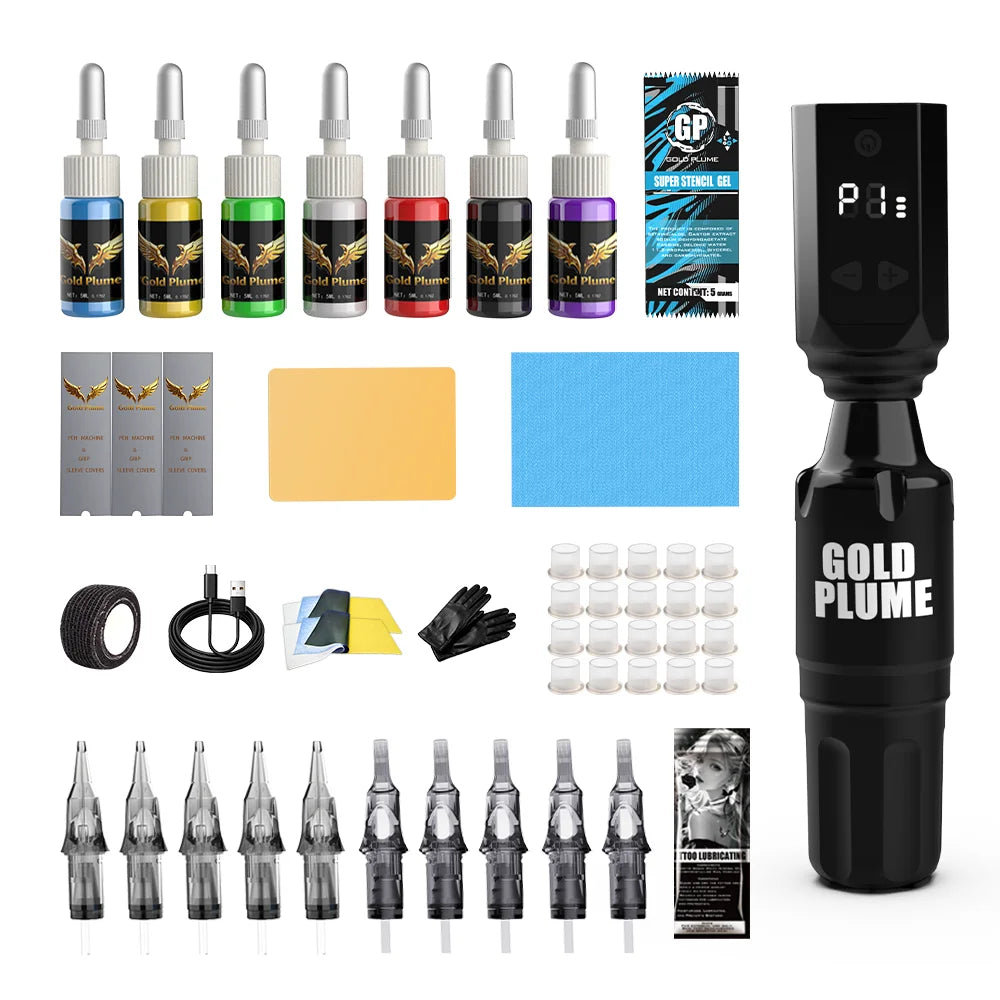 GOLDPLUME Wireless Black Square Tattoo Machine Kit with 10 Cartridges 7-Color Ink Full Accessories for Beginners Pros