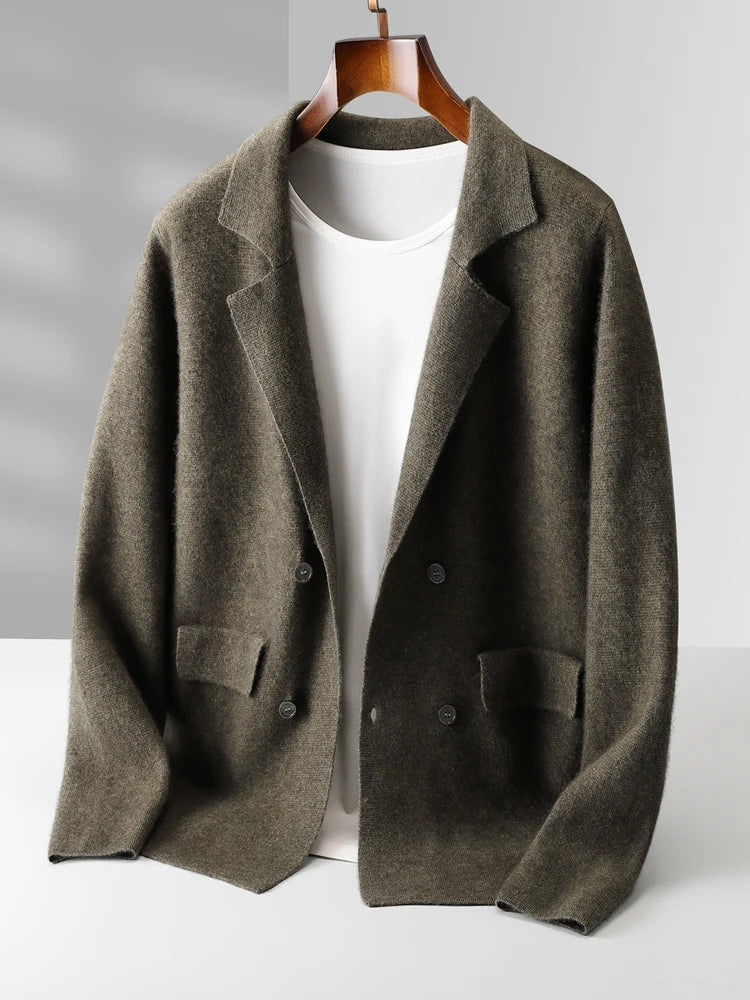 100% Merino Wool Sweater Men's Suit Collar Cardigan Smart Casual Knitwear Autumn Winter Cashmere Solid Coat Pockets Clothing Top