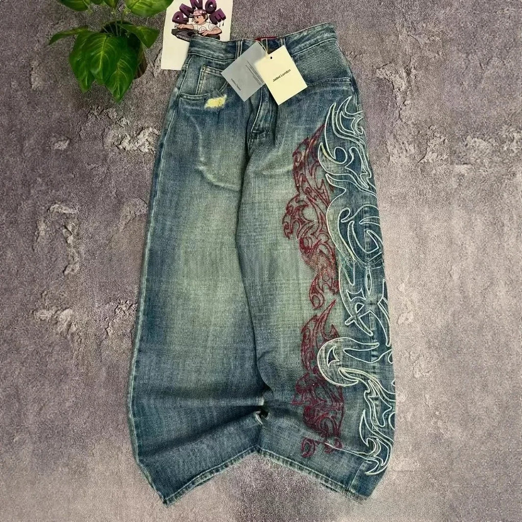 Y2K American New Pattern Embroidery Baggy Jeans Couple Pants mid Waist Straight Leg Loose Fit Teenager Jeans Casual Trousers
