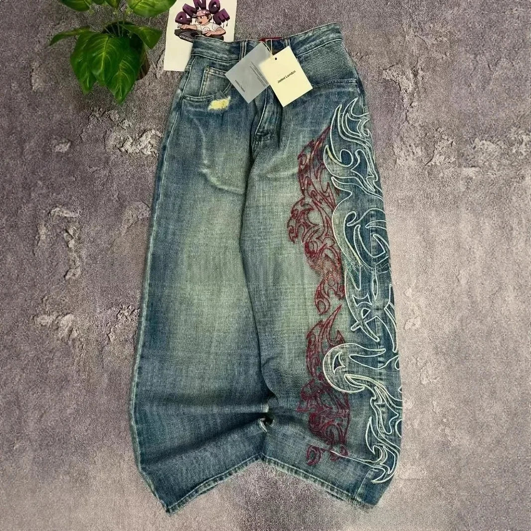 Y2K American New Pattern Embroidery Baggy Jeans Couple Pants mid Waist Straight Leg Loose Fit Teenager Jeans Casual Trousers