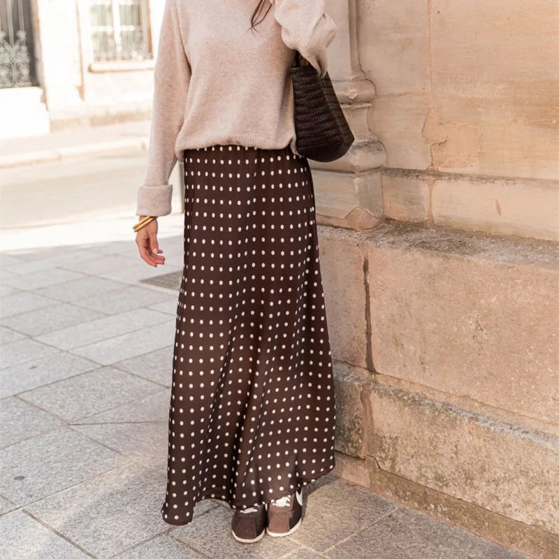 Women Polka Dot Maxi Skirt Elegant Bodycon A Line Flare Long Skirts Cute Dots Print Flowy Maxi Satin Skirt Vintage Streetwear