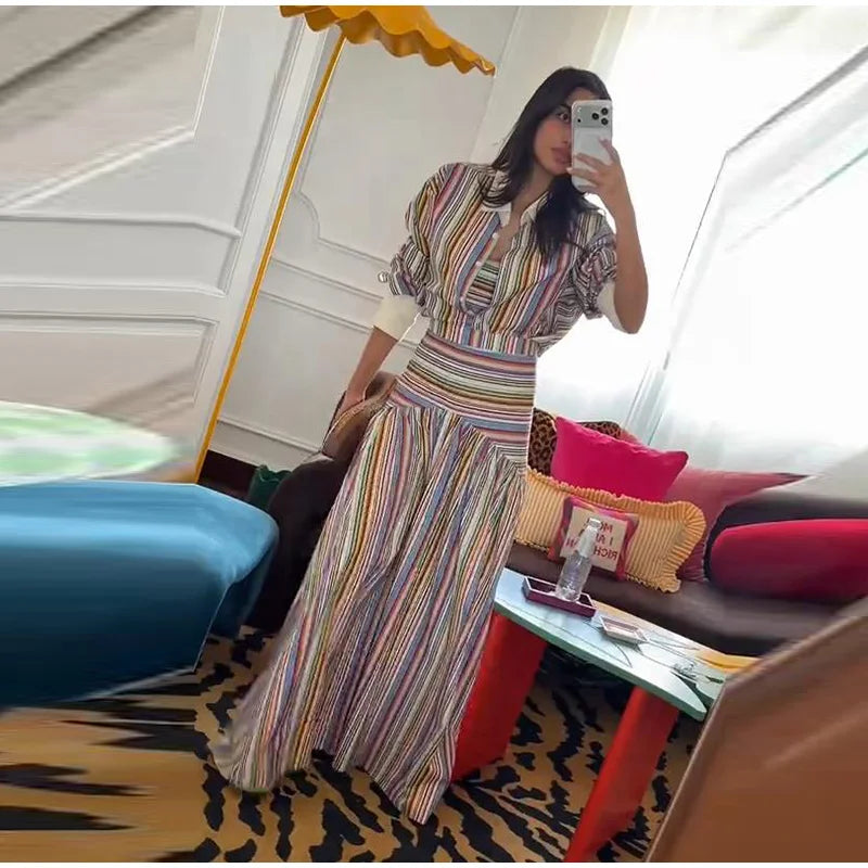 Multicolor Striped Shirt 2 Picec Set Button Front Blouse High Waist Flared Hem Maxi Skirt 2026 Summer Elegant Lady Vacation Suit