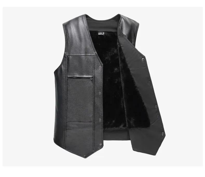 2026 Autumn Winter Men Leather Vest Fleece Lining Warm Waistcoat Fashion V-neck Sleeveless Vest Jacket Handsome Motorcycle Vest
