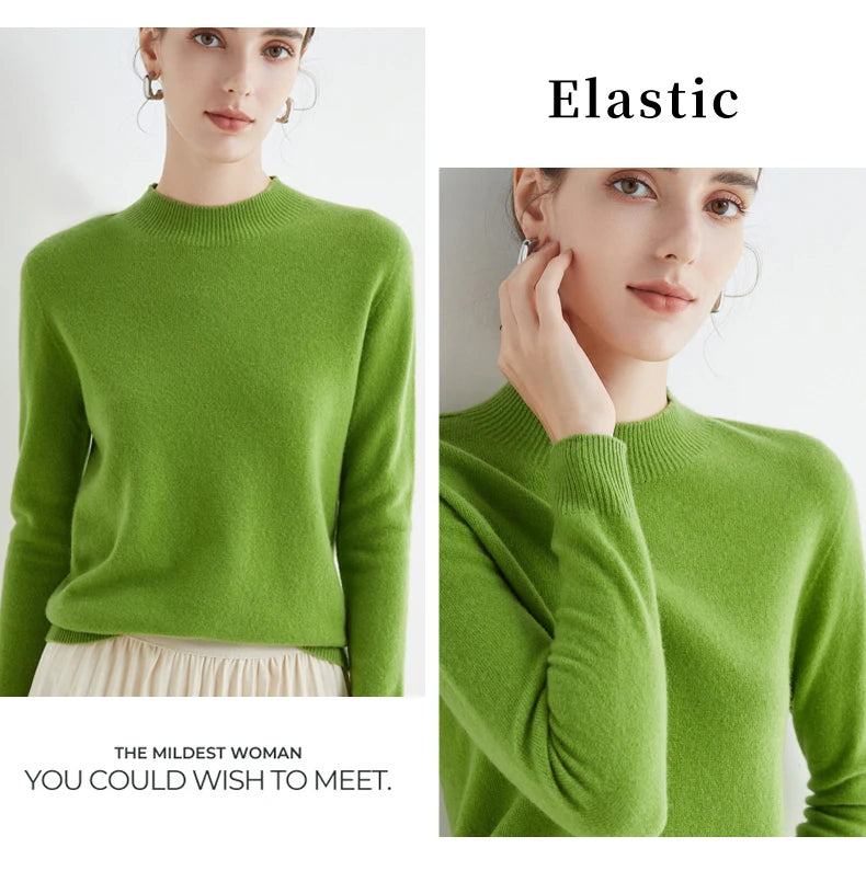First-Line Seamless Women's Half-Turtleneck 100% Pure Wool Sweater Solid Color Long Sleeve Pullover Knitted Bottoming Sweater