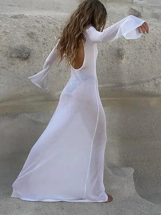 White Backless See-through Long Dress Women's Summer Slim High Waist Spliced Long Sleeve Solid Color Beach Long Dress