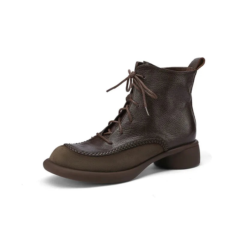 New Autumn Winter Genuine Leather Women Boots Fashion Lace Ankle Boot for Women Short Boots Shoes Chunky Heel Botines Mujer