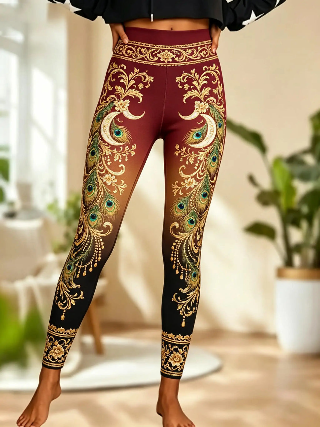 Women Fleece‑lined Mid‑rise Leggings Ombre Gradient Peacock Feather Crescent Moon Floral Ornate Border Print Slim Stretch  Pants