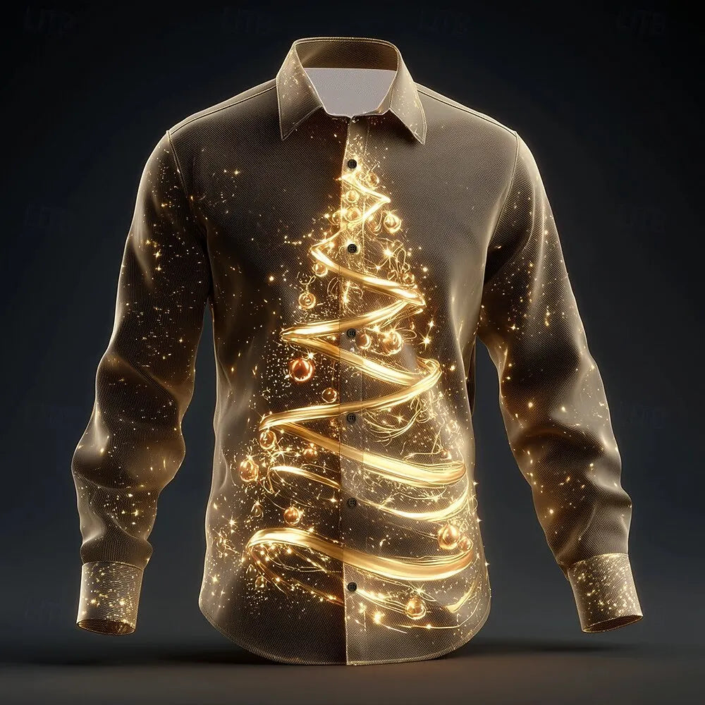 2025 Men's Christmas Tree Sparkling Glitter Christmas Light Shirt Button Up Shirt Long Sleeve Funny Christmas Gifts Holiday Wear