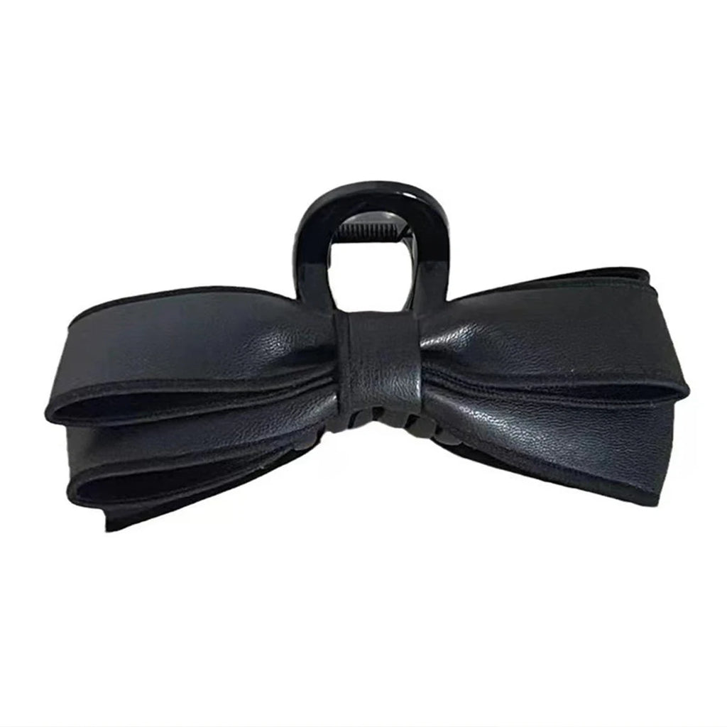1pc Korean-style PU leather black bow hair clip for women, large shark clip for the back of the head, elegant hair accessory