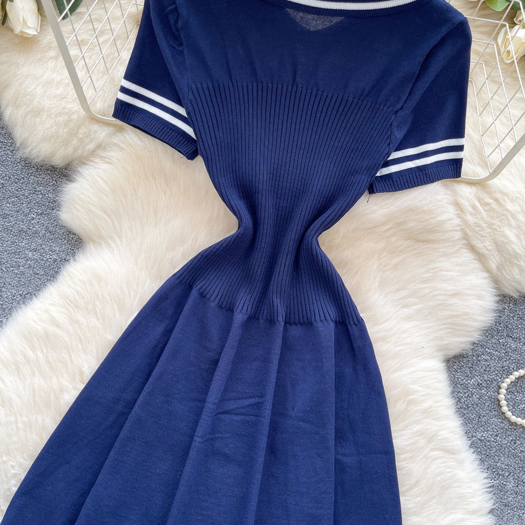 New Summer Women Sailor Collar Short Sleeve Knitted Dress Sundress Bow Lace Up Elatic Bodycon Pencil Vestidos Short Dress