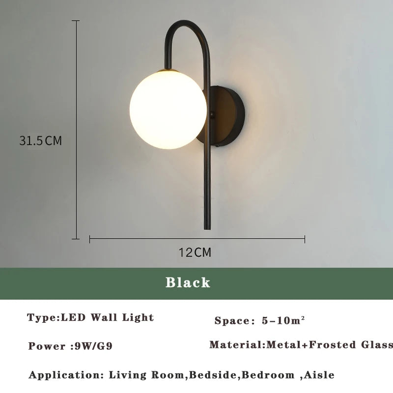 Modern LED Wall Lamps Black Gold Glass Ball Wall Sconces Living Rom Bedroom Hotel Decor Wall Lights Bedside Lights Aisle Lamp G9