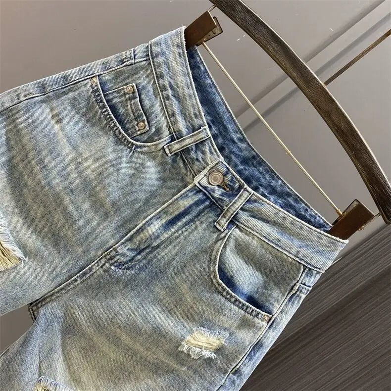 Summer New Loose Straight Wide-leg Medium Pants Shorts Retro Blue Ripped Beggar Denim Five-point Pants Women's Jeans Shorts
