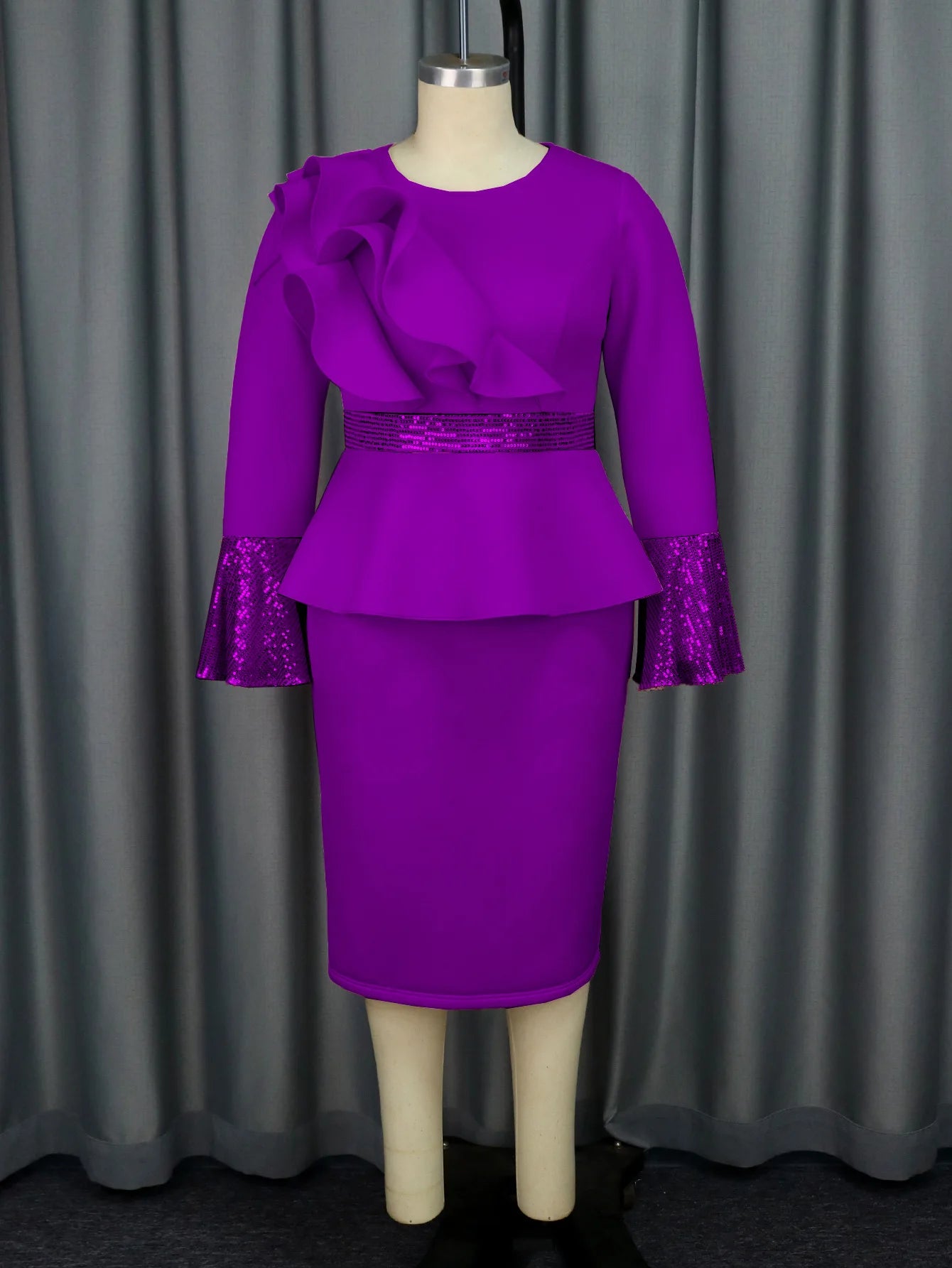 Church Ruffled Long Sleeved Robe Sequined Tight Fitting Women's Party Fashionable Dress Elegant Occasion African Wedding Guests