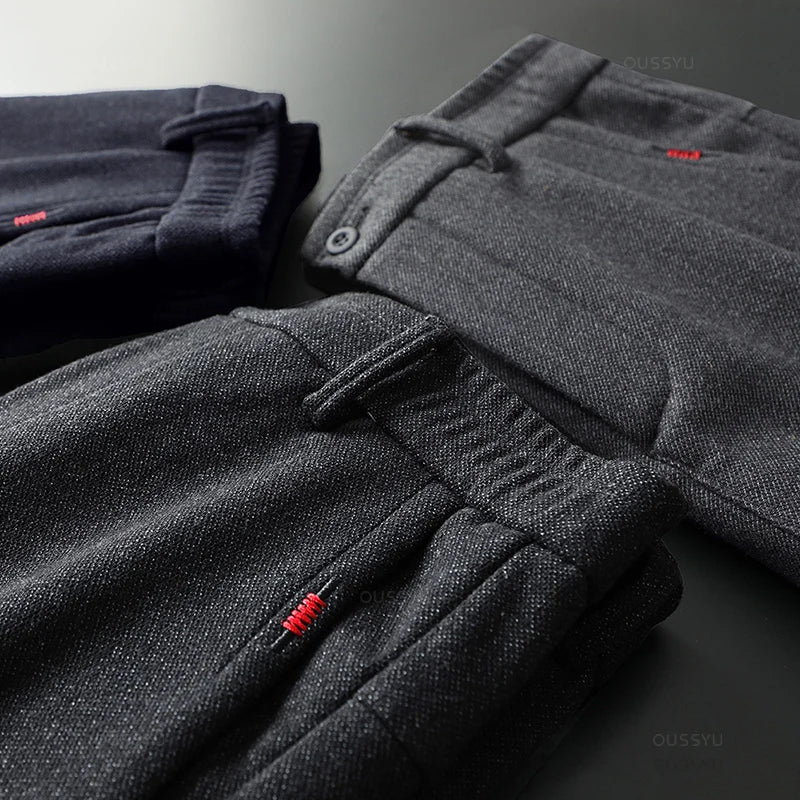 Autumn  Winter New Classic Casual Pants Men Thick Business Korea Slim Fit Stretch Gray Blue Black Brushed Fabric Trousers Male