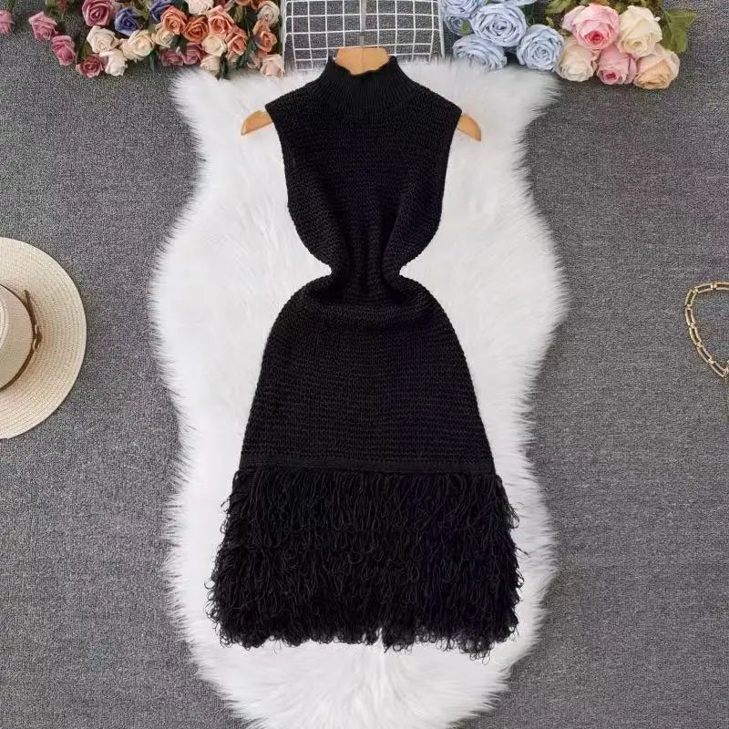 Super Elastic Fashionable Exquisite Versatile Comfortable Tassel Hem Round Neck Sleeveless Crochet Bodycon Dress