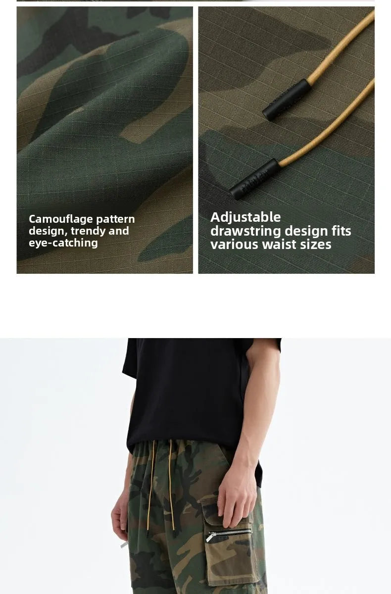 Mr. WH Camouflage Workwear Shorts Men's American Trendy Brand Casual Drawstring Sports High Street Straight Five-Quarter Pants