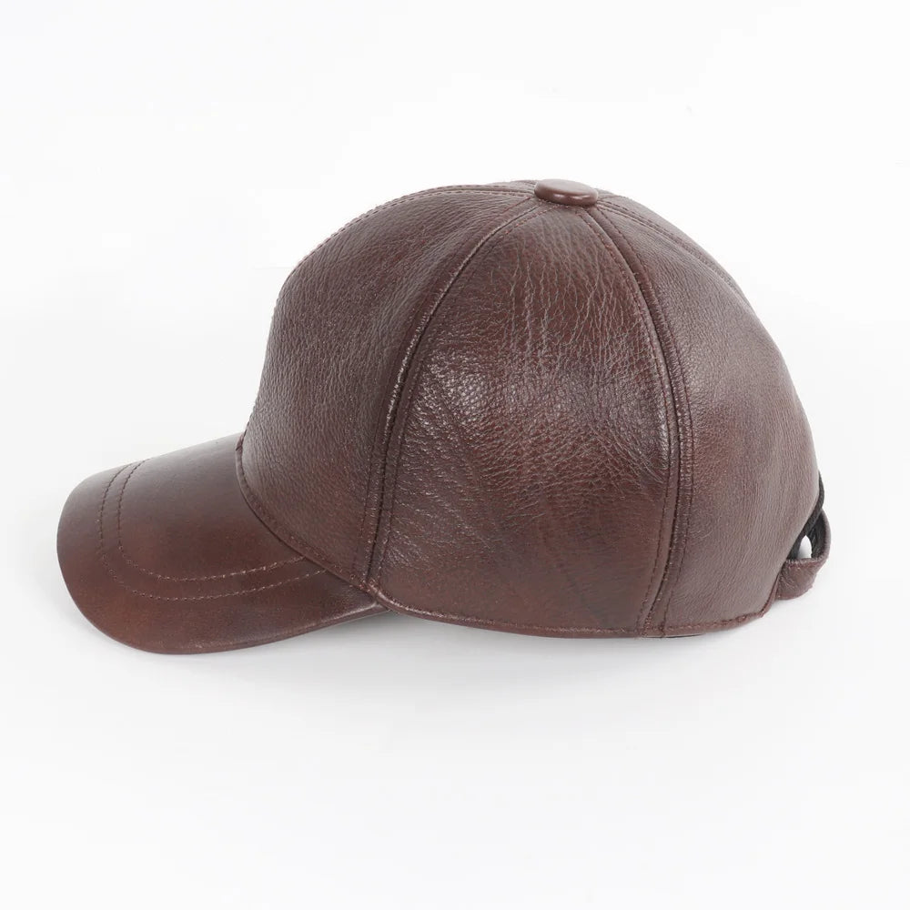 New Men Casual Real Leather Earflap Cap Men Real Cowhide Leather Caps Male Fall Winter Genuine Real Cow Leather Baseball Hats