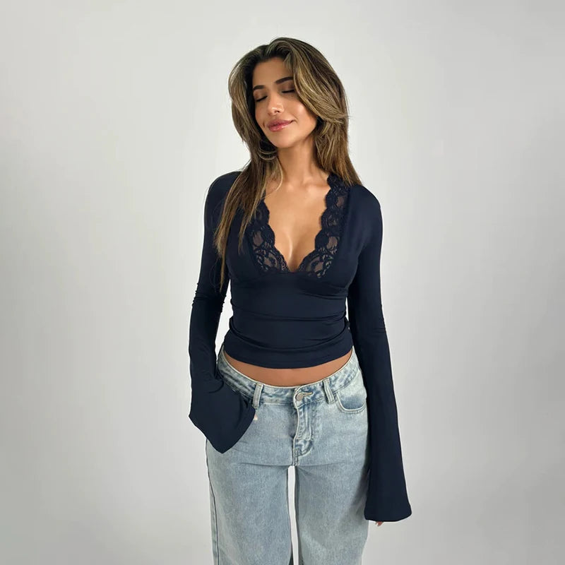 Sexy Lace V-Neck Long Sleeve T-Shirt Women's Waist-Cinching Top Pure Color Polyester Fabric Thin Autumn Winter Ladies Tee