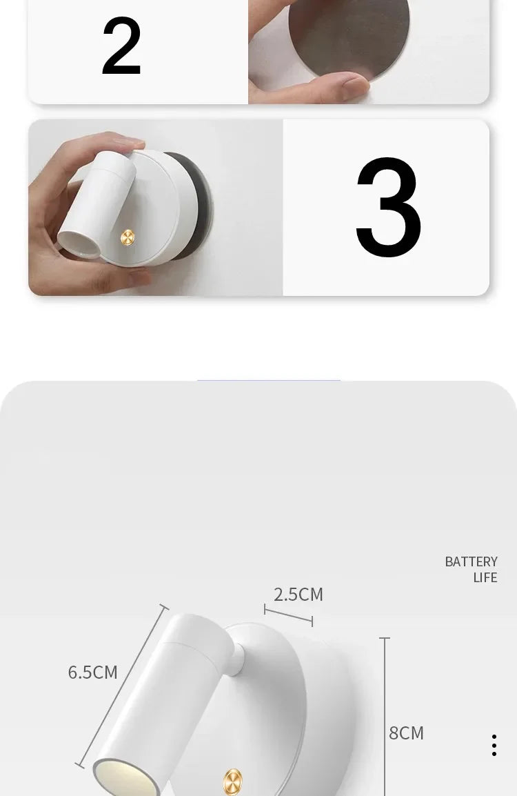 LED Bedroom Wall Light USB Rechargeable Black White Magnet Magnetic Base Dimmable With Touch Switch For Bedside Study Reading