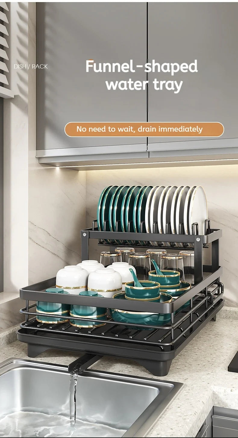 Dish Drying Rack Adjustable Kitchen Plates Organizer with Drainboard Over Sink Plate Drainer Storage Organizer