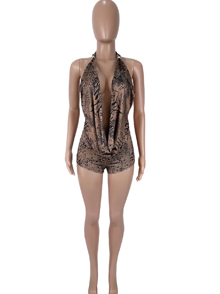 Beyprern Leopard Tiger Print Sexy Halter Two Piece Set Women Summer Backless Deep V Neck Drape Top And Shorts Matching Sets