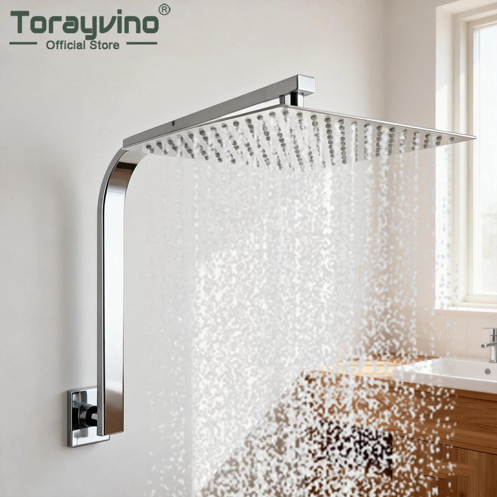 Torayvino Bathroom Shower Faucets Gooseneck Square Brass Wall Mount Shower Arm Ultrathin Bathroom Shower Head Set