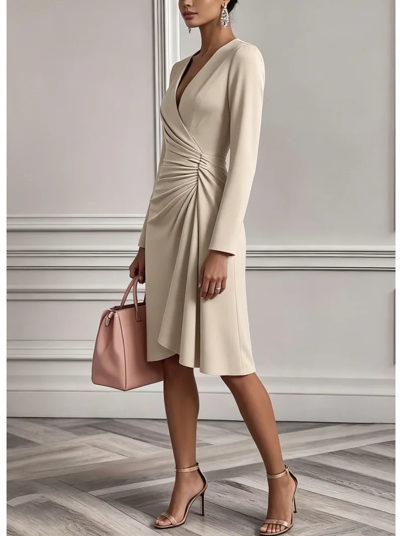 Women Long Sleeve V Neck Ruched Wrap Midi Dress Elegant Office Lady Bodycon Cocktail Party Sheath Dress