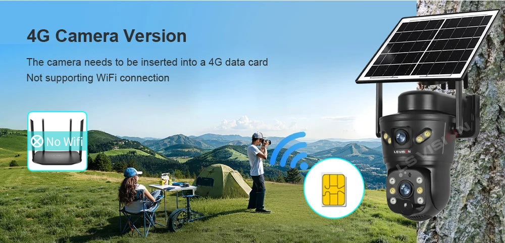 LS VISION 4G /WIFI Outdoor Solar Camera 8MP Dual Lens PIR Sim Card Built in Night Vision Waterproof Security Camera Battery CCTV
