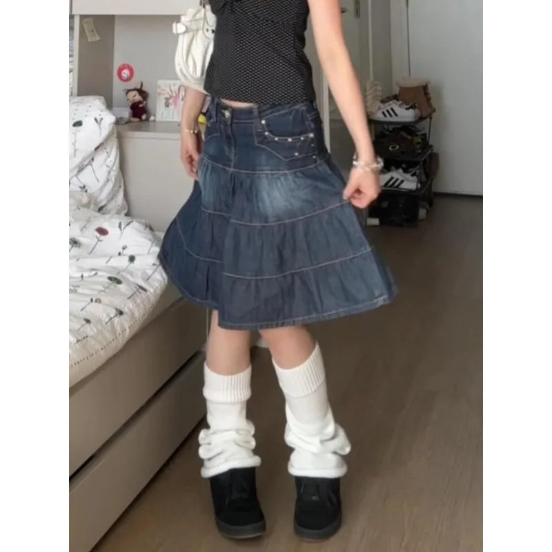 Women Denim Skirts Loose A-line High Waist Jupe Fashion Summer Korean Saia 2025 Faldas Mujer De Moda Vintage Casual Y2k Skirt