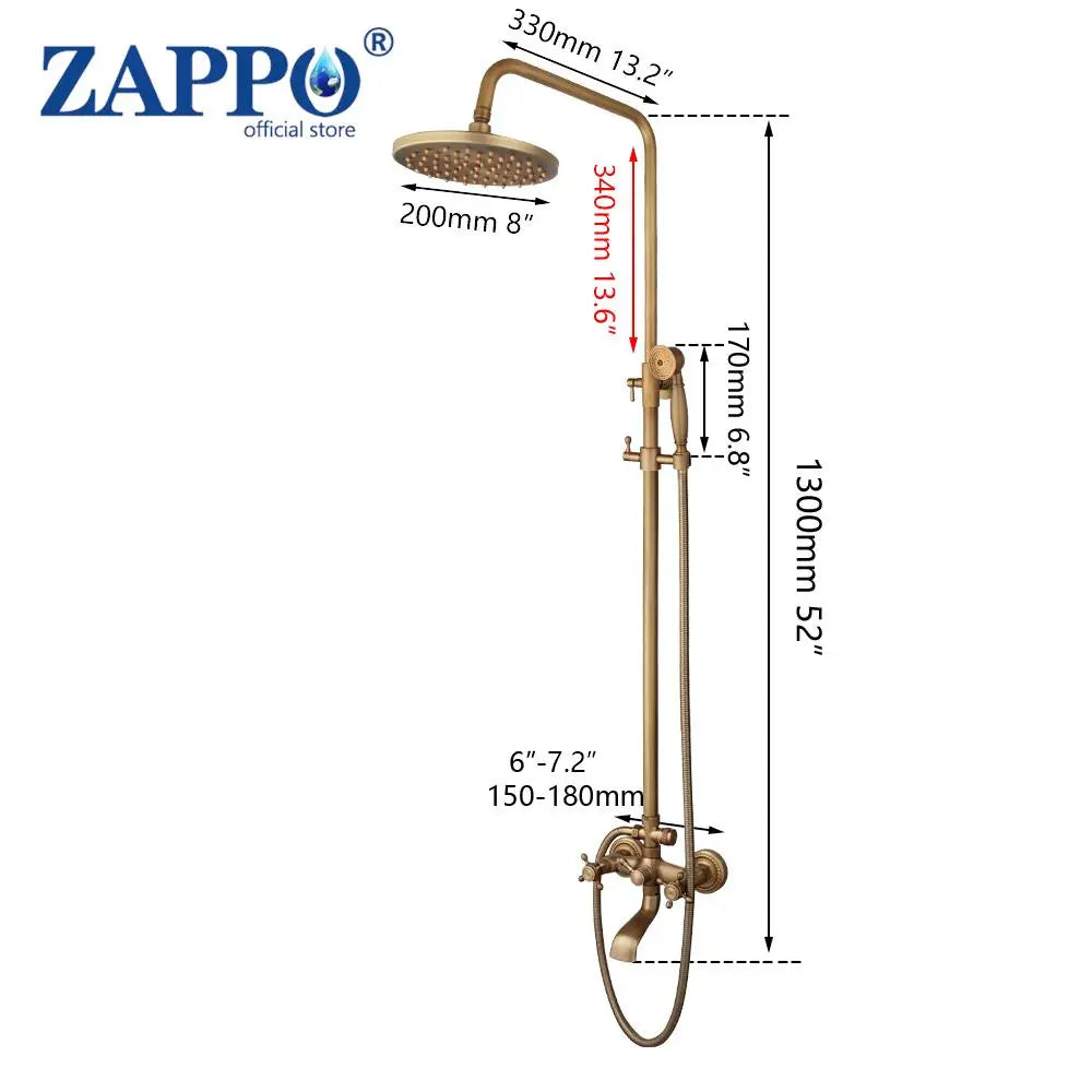 ZAPPO Antique Shower Set Wall Bathroom Bath Shower Faucet Rainfall Brass Shower System with Swivel Spout Mixer Tap Sliding Bar