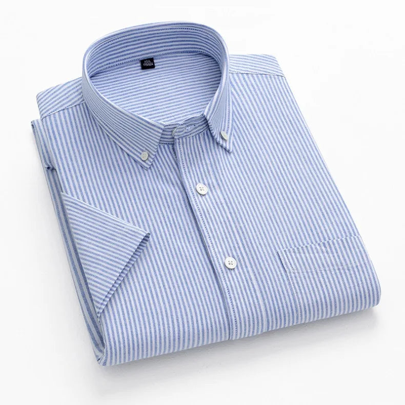 New Men's Striped Fashion Short Sleeve 100% Cotton Oxford Plaid Business Button Down Regular Fit Office Shirt Man Clothing