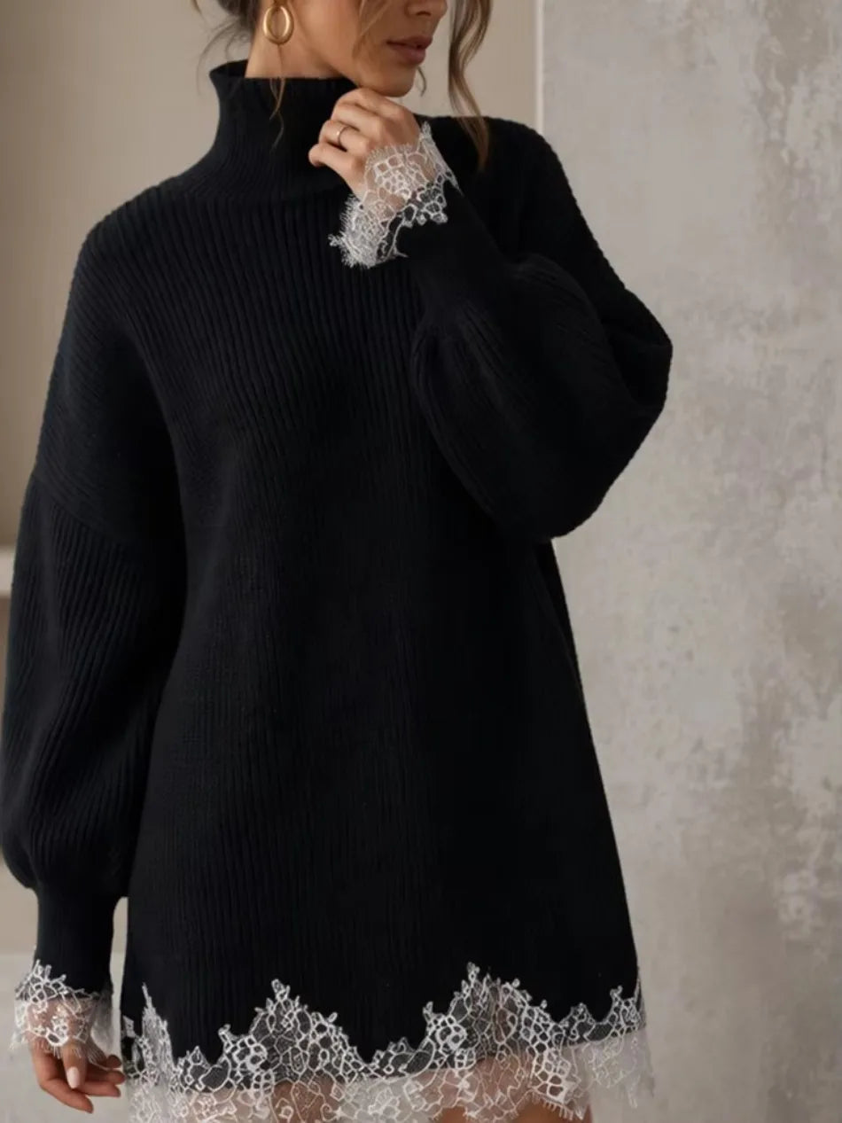 Women's Black Knitted Turtleneck Sweater Dress Lace Splice Mini Dress Fashion Spring Autumn Vintage Casual Retro Loose Dress