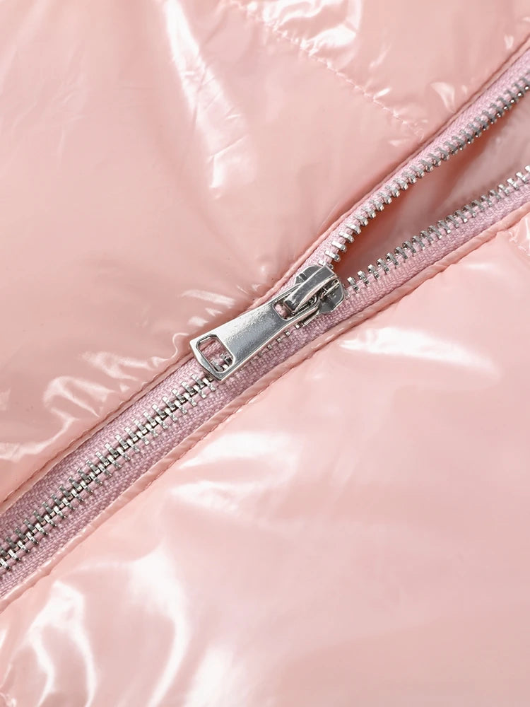 Chic Glossy Zipper Hooded Coat Women's Warm Elastic Waist Pleated Cropped Puffer Jacket 2026 Winter New Lady High Street Outwear