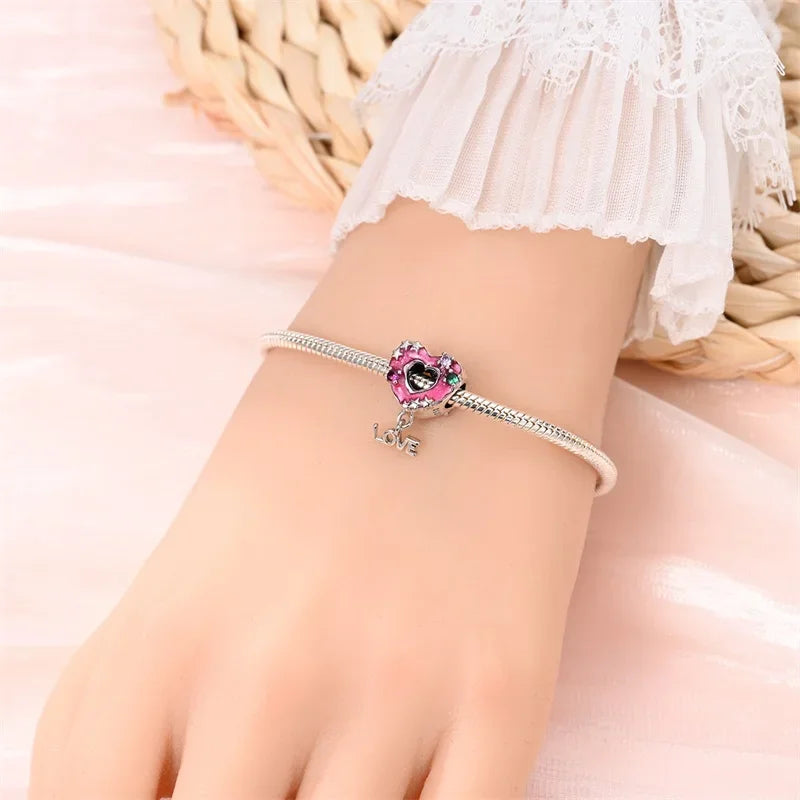 925 Sterling Silver Pink Zircon Love Beads Charms Fit Bracelet Women Jewelry Diy Anniversary Gift Delicate Accessories Bag Charm