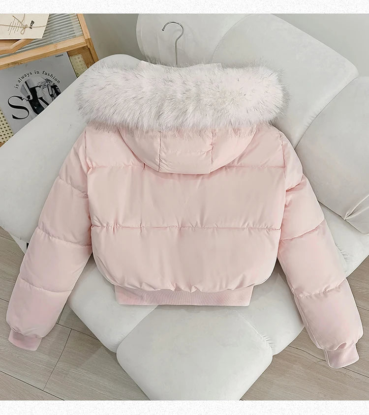 Women's Short Thickened Winter Cotton Jacket Quilted Coat Fur Collar American Retro Style Warm Casual Fashion Regular Fit