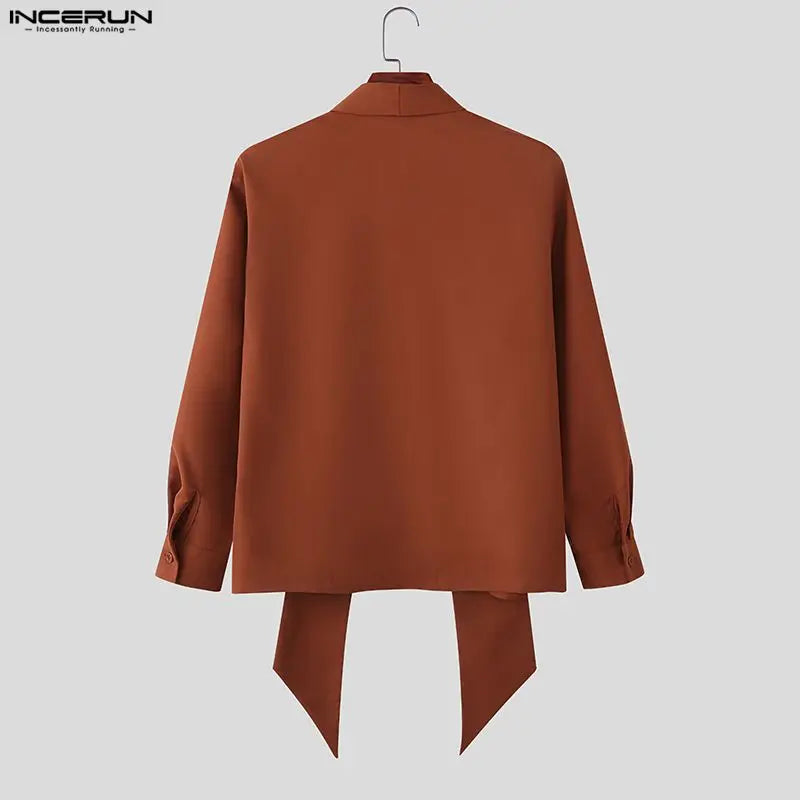 INCERUN Men's Shirt Solid Color Deep V Neck Long Sleeve Men's Clothes Tops With Belt Streetwear 2026 Fashion Camisas Masculina