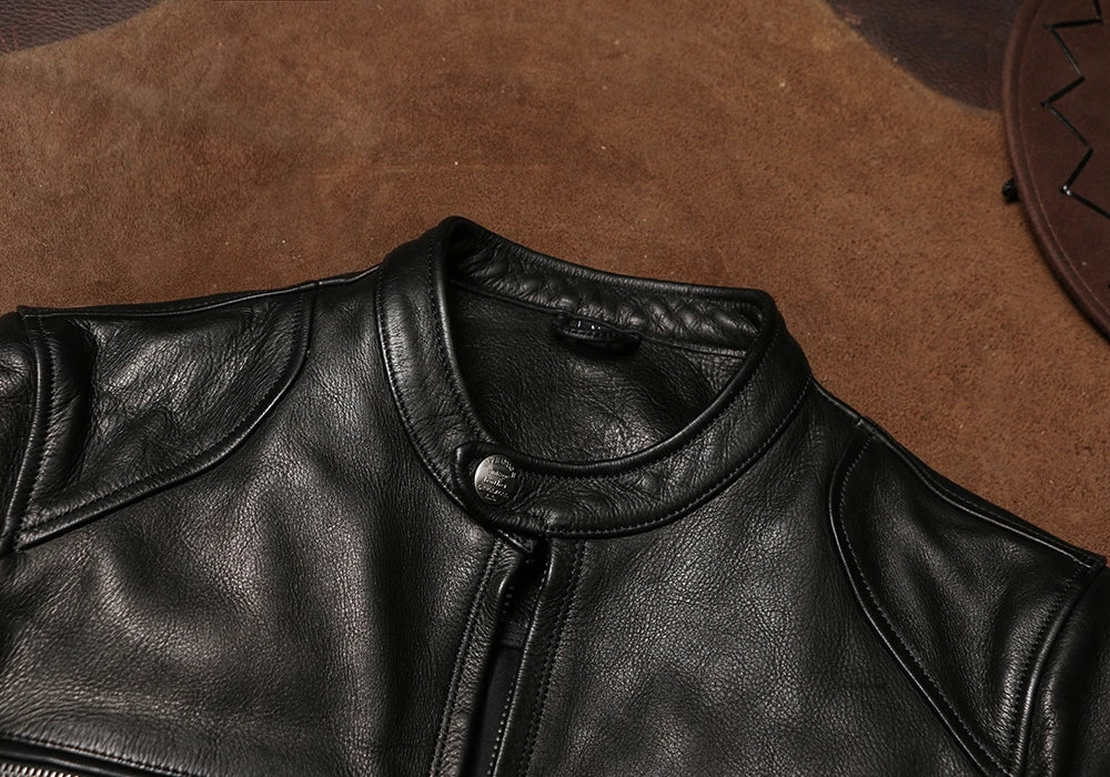 Black Winter Leather Jacket Men Sports Style Plus Size 5XL Genuine Natural Thick Cowhide Stand Collar Slim Fit Short Coat