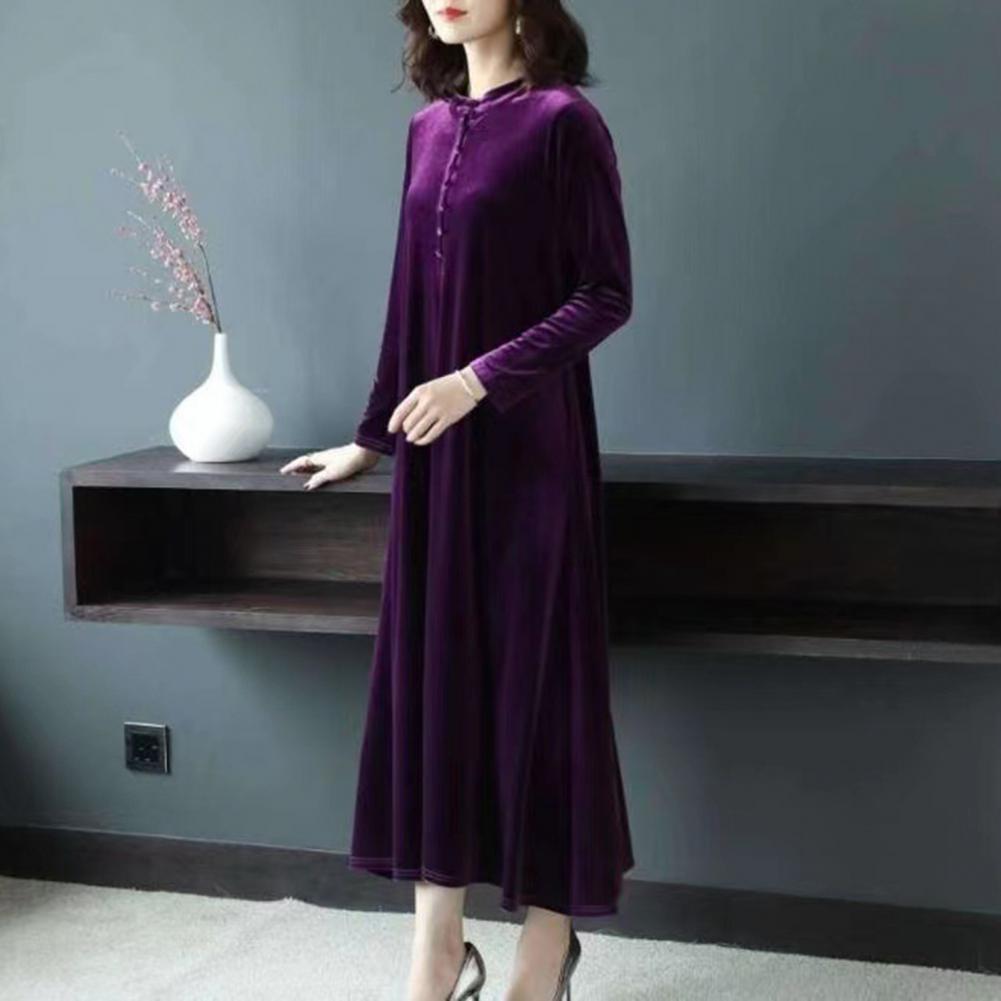 Women Fall Dress Solid Color Loose Long Sleeves Button Maxi Dress Keep Warm Velvet Mom Spring Dress Women Clothes