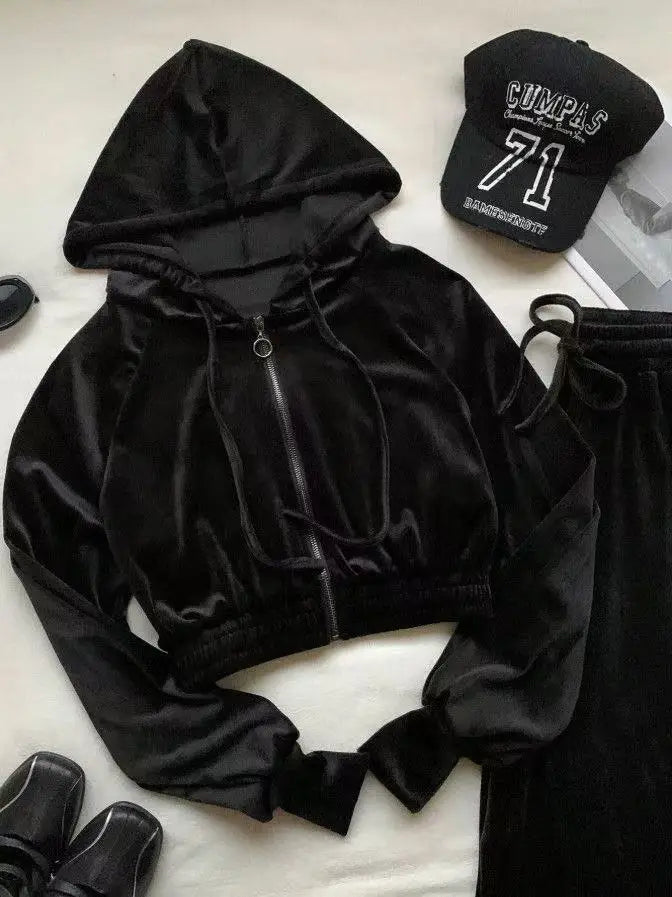 Women's Pink Velvet 2-Piece Activewear Set Zip Cropped Hoodie + Wide Leg Pants Fashionable Casual Waist Slimming Versatile Style