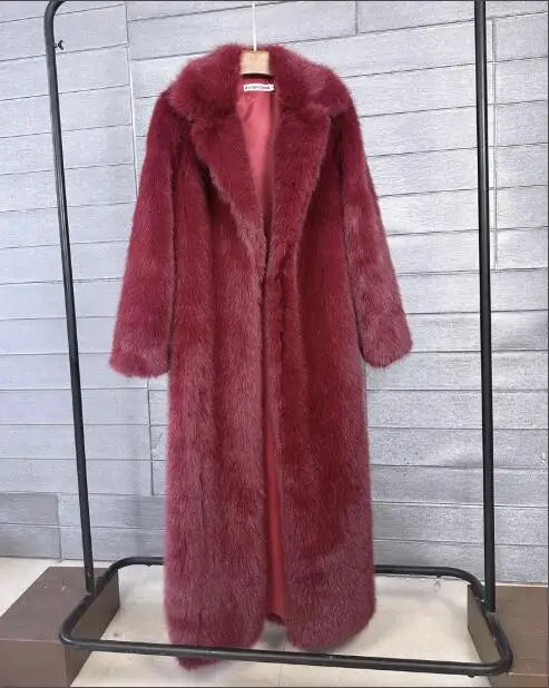 Long Faux Fur Coat Women Autumn Winter Large Jacket Overcoat White Turn Down Collar Pockets Thick Coat Warm Jackets Maxi Coats