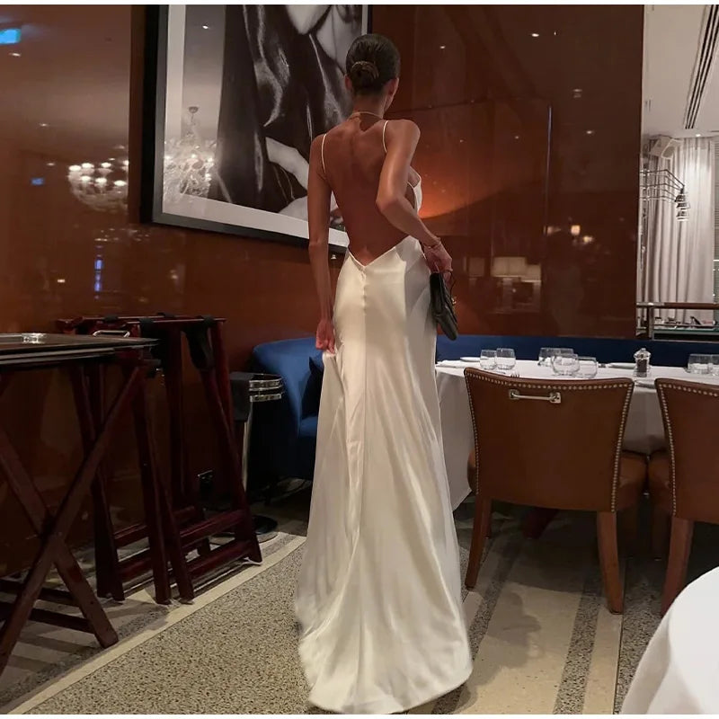 Backless Satin Long Sling Dress Women V Neck Sleeveless Slit Solid Sexy Party Dresses 2026 Summer Lady Vacation Evening Robes